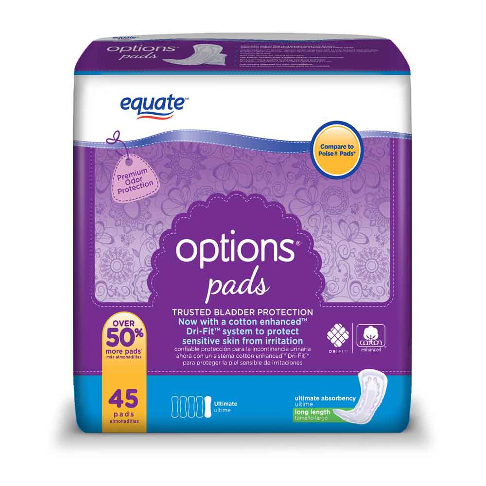Equate-1.jpg Equate Options Incontinence Pads for Women, Ultimate, Long, 45 Ct - Image 1