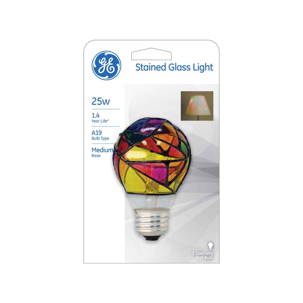 Glass-Light-Bulb-1.jpg GE Stained Glass Light Bulb, 25 Watt, Multi-Color Decorative Bulb, Medium Base, 1pk - Image 1